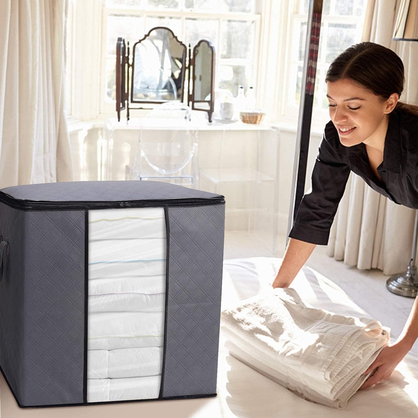 Clothes Storage Bags 6 Pack/100L Large Blanket Clothes Organization and Storage Containers for Bedding, Comforters, Foldable 3 Layer Fabric, Reinforced Handle, Sturdy & Clear Window, Grey