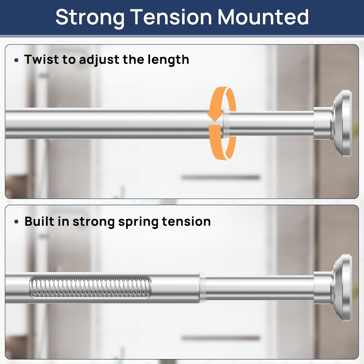 Shower Curtain Rod 33 to 72 Inches, 1 Inch Stainless Steel Adjustable Spring Tension Rods No Drill for Bathroom, Closet, Window, Room Divider, Never Rust, Non Slip, Chrome