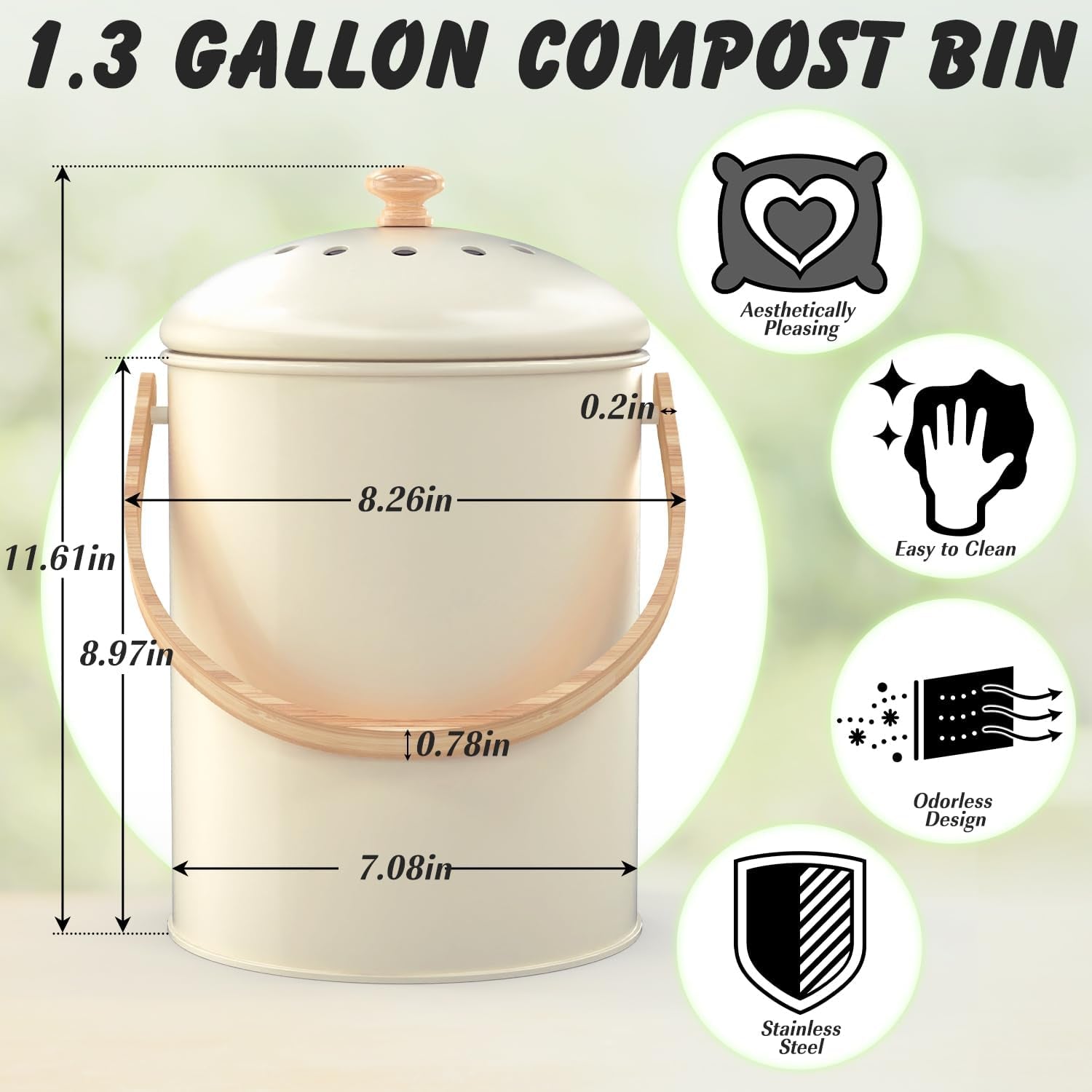1.3 Gallon Compost Bin Kitchen Counter, Stainless Steel Odorless Indoor Compost Bin Includes 4 Pack Carbon Filters, Countertop Compost Bin with Lid, Kitchen Compost Bucket with Bamboo Handles