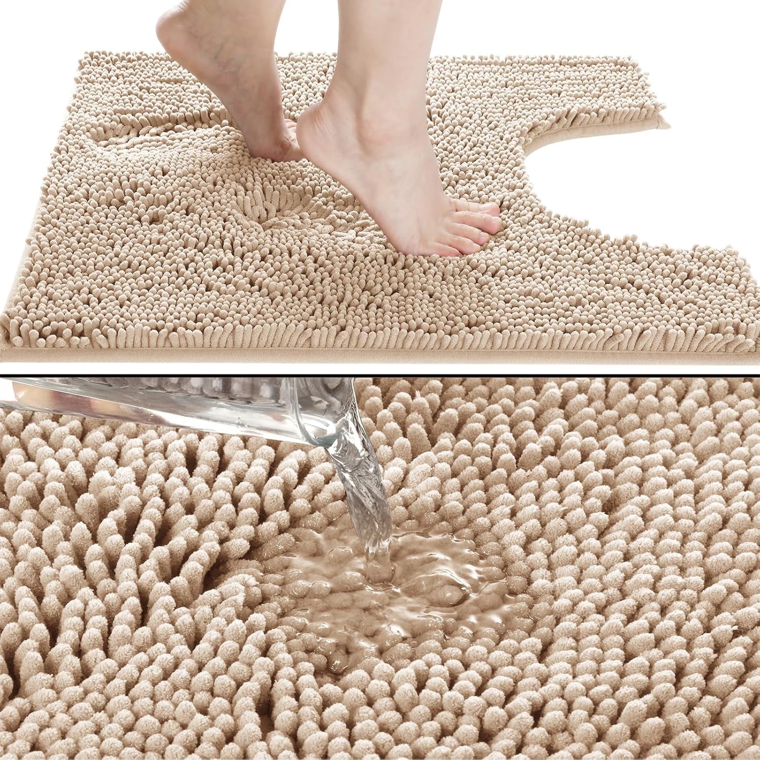 Chenille Toilet Rug U-Shaped Washable - 24"X20" Non Slip Contour Bath Mat - Super Luxury Soft Absorbent Quick Dry Rugs for Bathroom Toilet Base - Light Brown