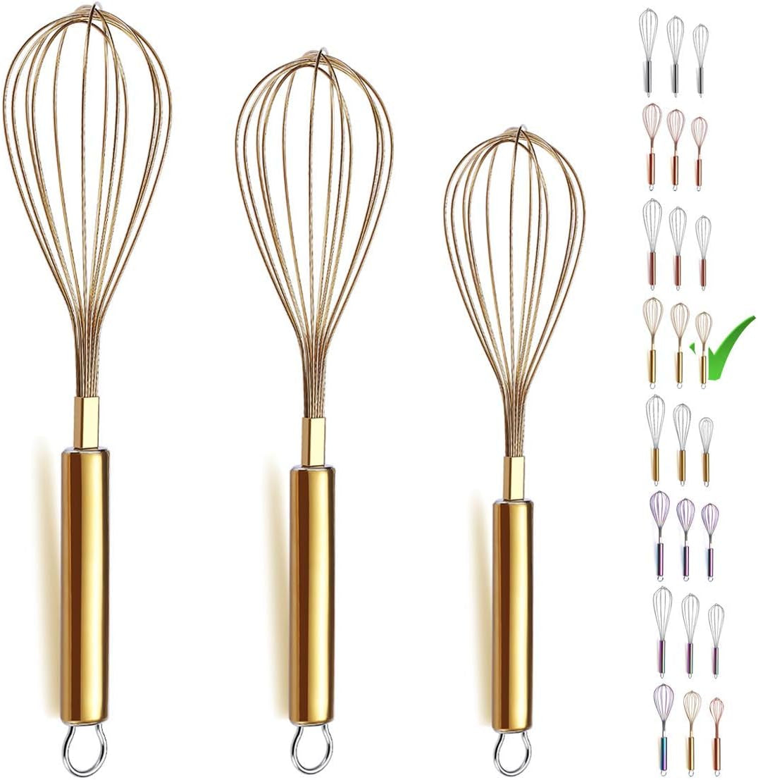 Gold Stainless Steel Whisk Set - 3-Piece (8", 10", 12") with Titanium Plating for Cooking and Baking