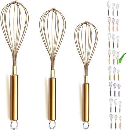 Gold Stainless Steel Whisk Set - 3-Piece (8", 10", 12") with Titanium Plating for Cooking and Baking
