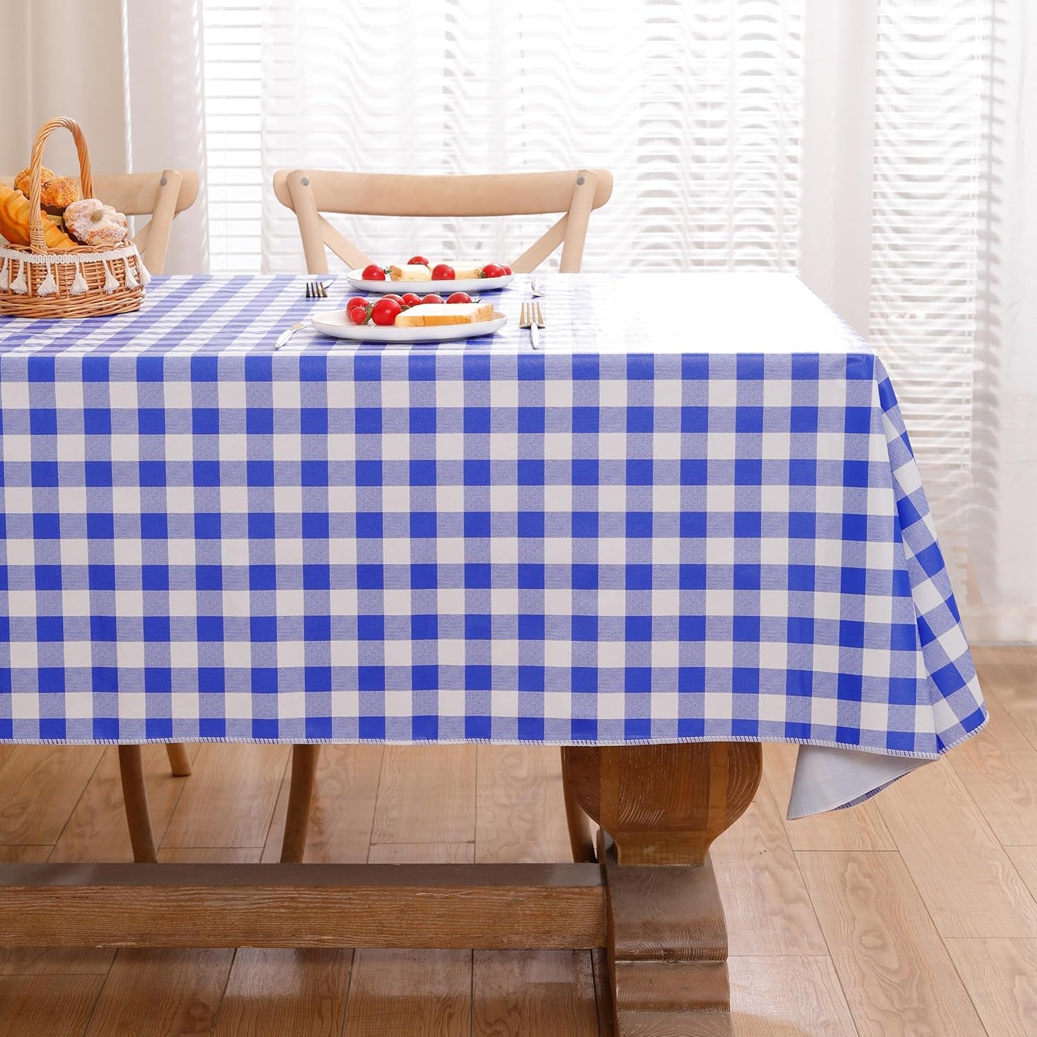 Heavy Duty Vinyl Tablecloth with Flannel Backing Waterproof Oil-Proof Plastic Table Cloth Stain-Resistant Wipeable Rectangle or Square Table Cover for Indoor and Outdoor (Blue Checkered, 54X54 Inch)