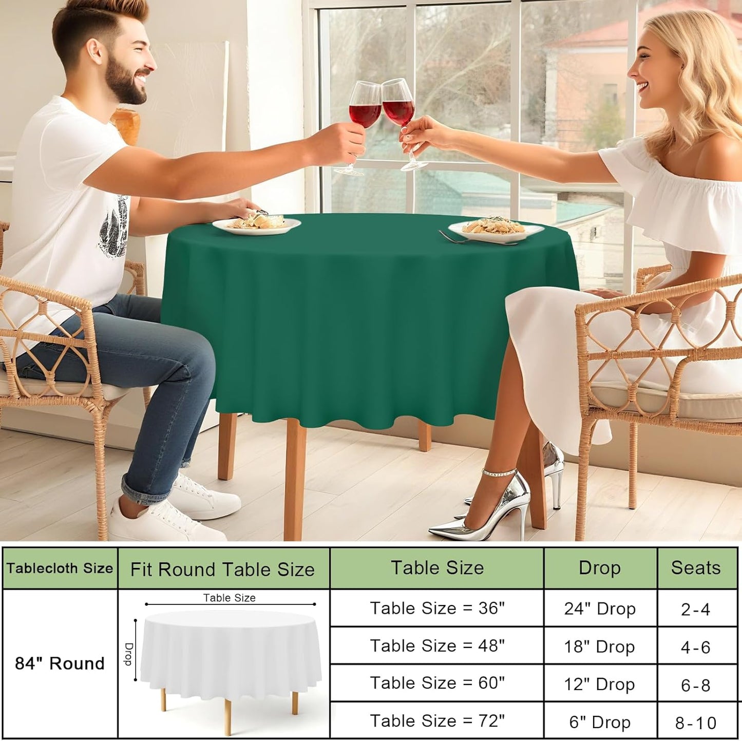 4 Packs Disposable Plastic Table Cloth, 84" round Waterproof Tablecloth, Leakproof & Sturdy Decorative Table Covers for Picnic, Party and Outdoor, Christmas Green