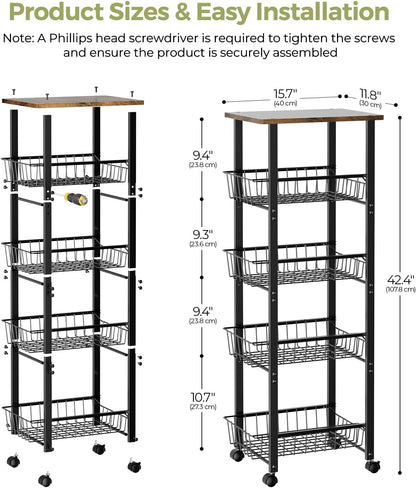 Fruit Vegetable Basket for Kitchen,5 Tier Kitchen Organizer and Storage Cart with Wheels,Slide-Out Baskets and Wood Top,Pantry Storage Cart W11-4/5*D16-7/16*H42-7/16