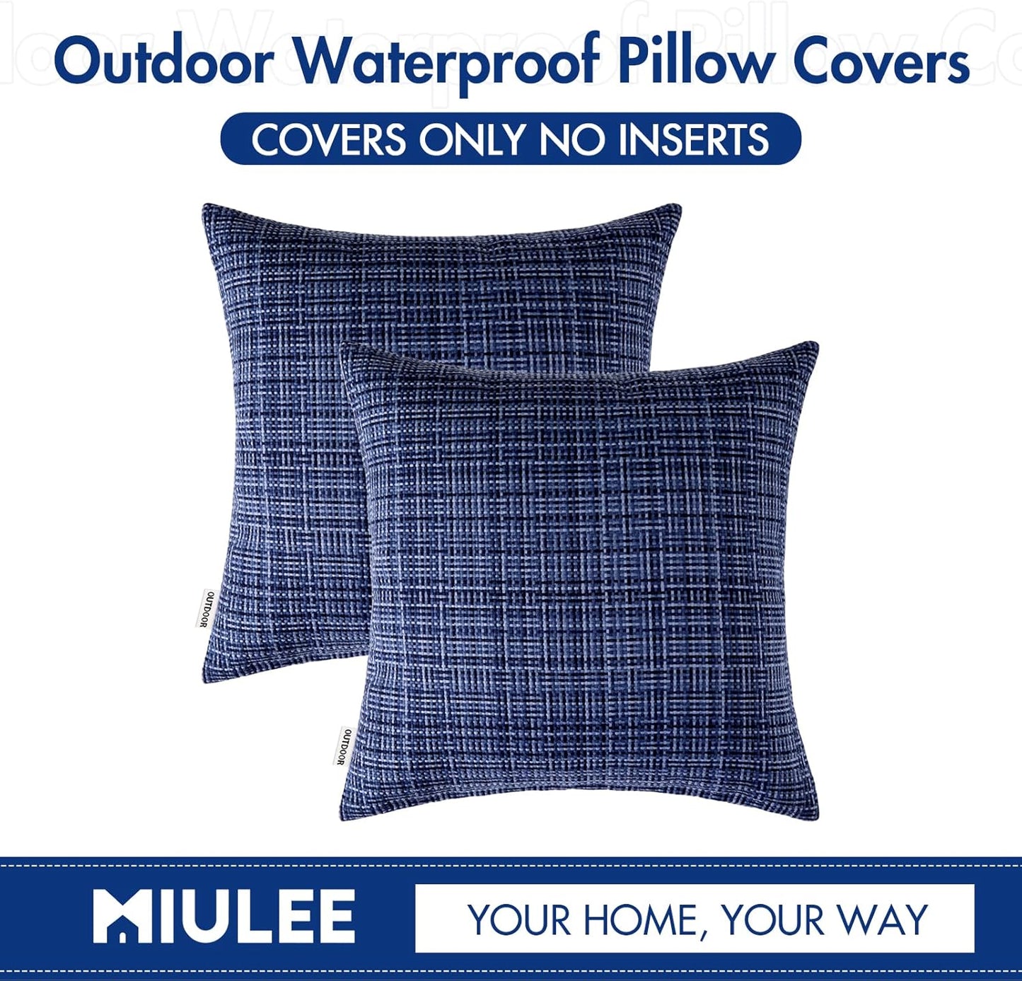 Outdoor Waterproof Throw Pillow Covers Decorative Farmhouse Water Resistant Cushion Covers for Tent Patio Garden Couch Sofa Pack of 2, 18X18 Inch Navy Blue