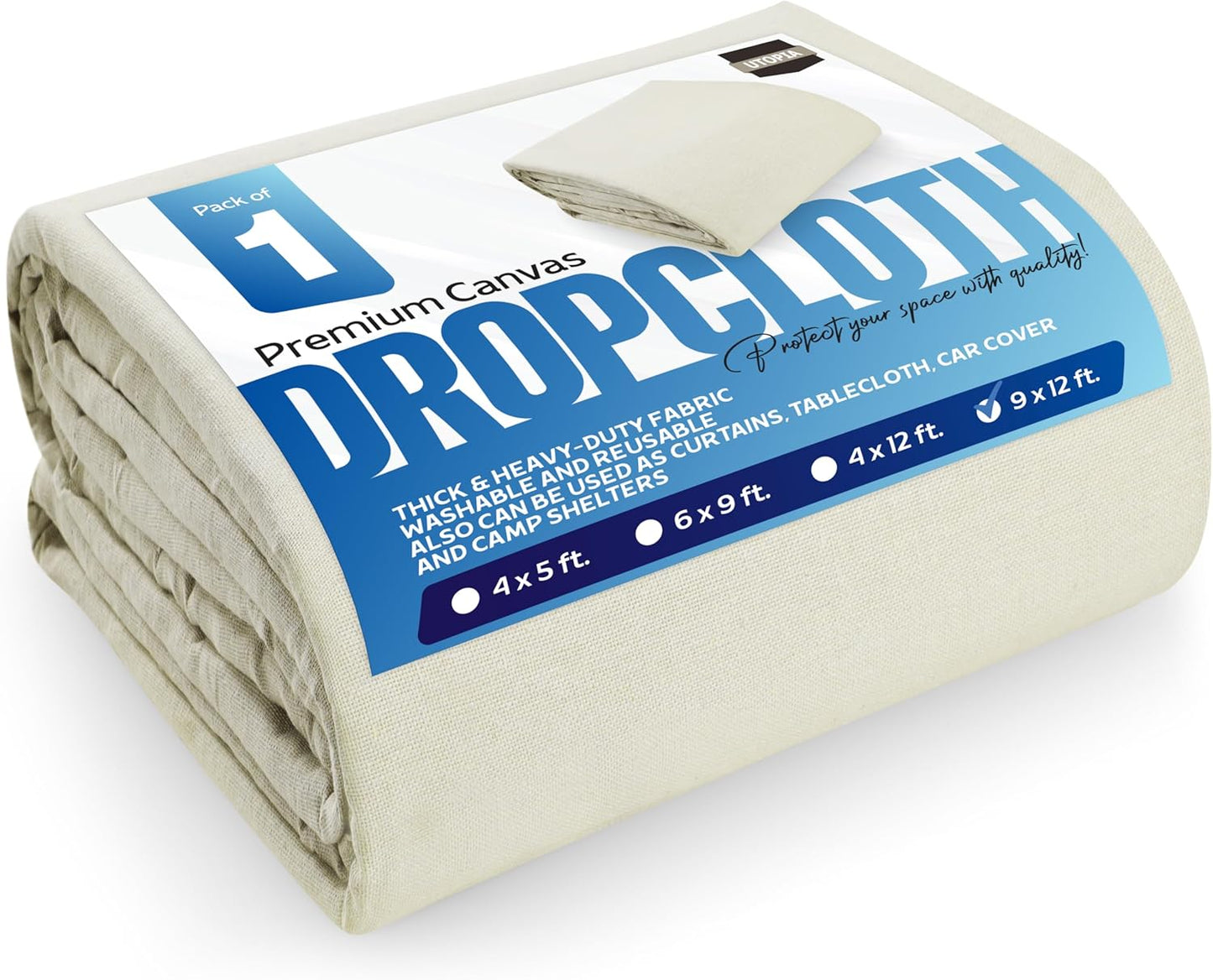Drop Cloth for Painting (9X12 Ft, 1 Pack) Washable and Reusable Canvas Fabric for Furniture & Floor Protection Highly Absorbent Paint Cover - Duck Dropcloth for Outdoor and Indoor Use