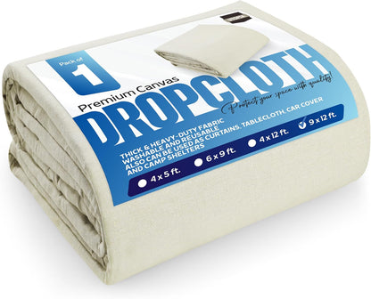 Drop Cloth for Painting (9X12 Ft, 1 Pack) Washable and Reusable Canvas Fabric for Furniture & Floor Protection Highly Absorbent Paint Cover - Duck Dropcloth for Outdoor and Indoor Use