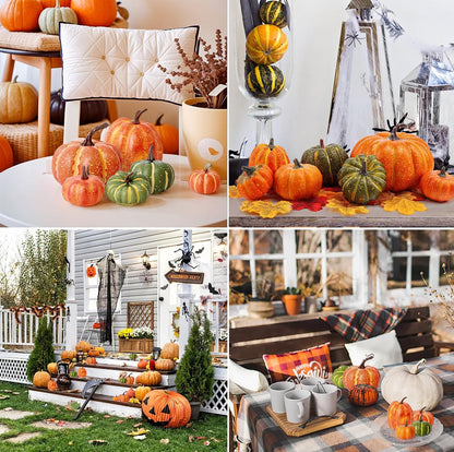 38 PCS Assorted Artificial Pumpkin Set, 8PCS Stacking Pumpkins with 30PCS Maple Leaves for Fall Harvest Home Thanksgiving Halloween Decor