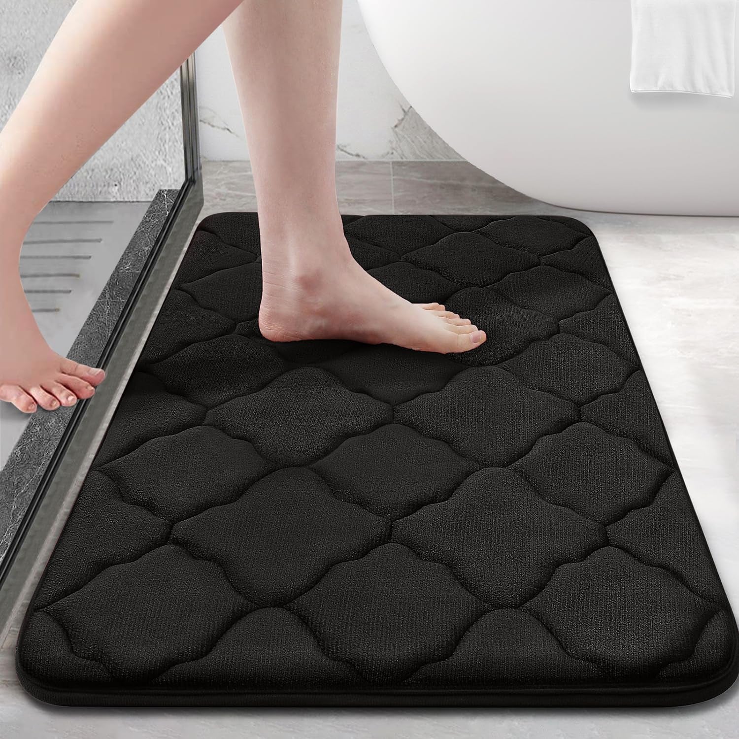 Memory Foam Bath Rug and Shower Curtain, Bath Rug Size 30X20 in Black and Shower Curtain 72X72 in Black Grey, 2 Item Bundle