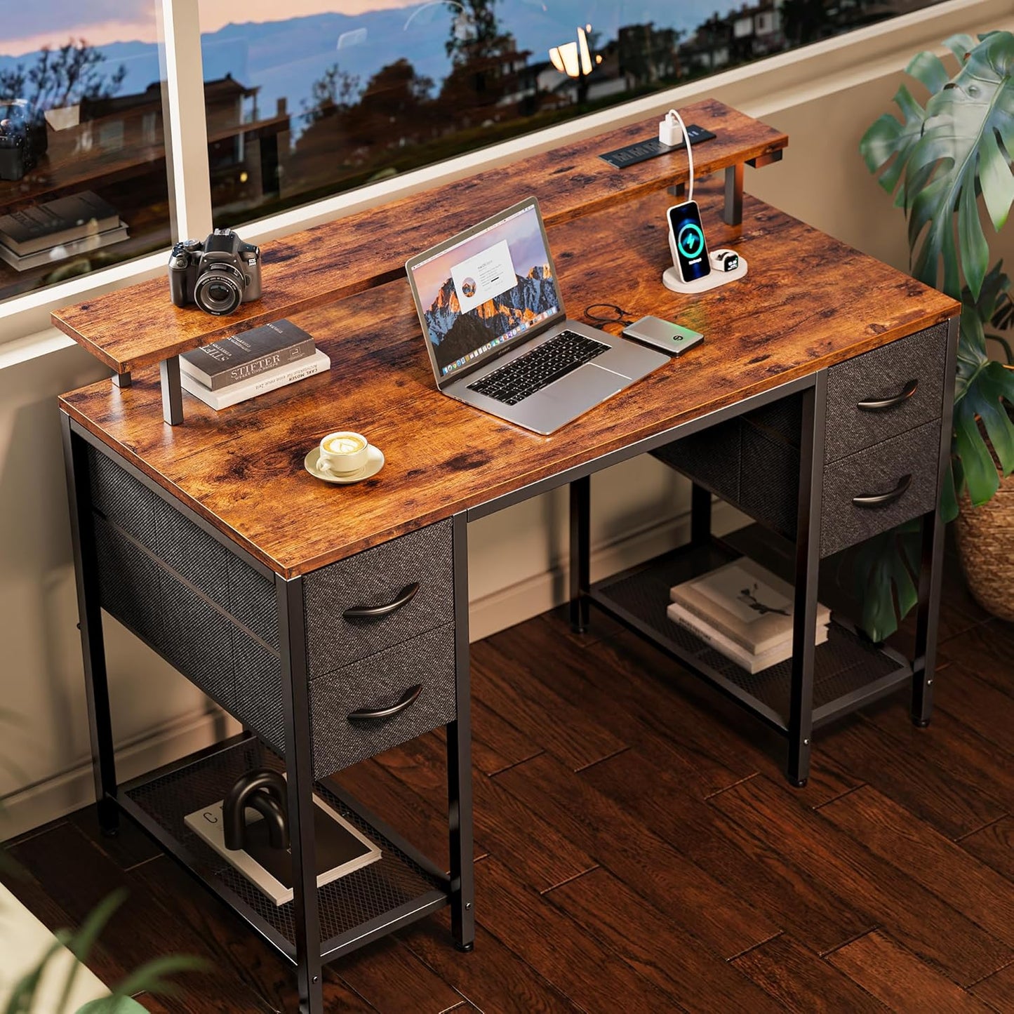 47-Inch Computer Desk with Four Drawers, LED Lighting, and Power Outlets - Spacious Home Office and Gaming Desk in Rustic Brown and Black