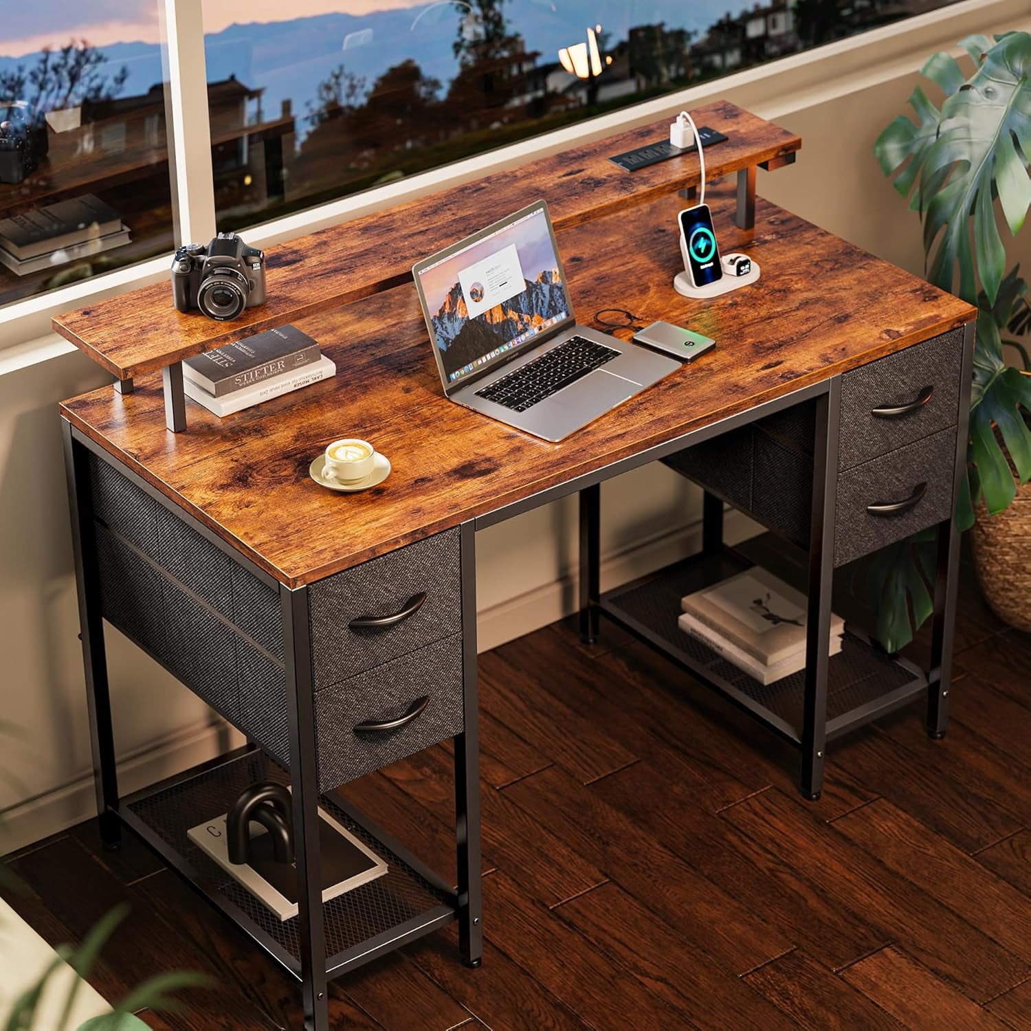 47-Inch Computer Desk with Four Drawers, LED Lighting, and Power Outlets - Spacious Home Office and Gaming Desk in Rustic Brown and Black