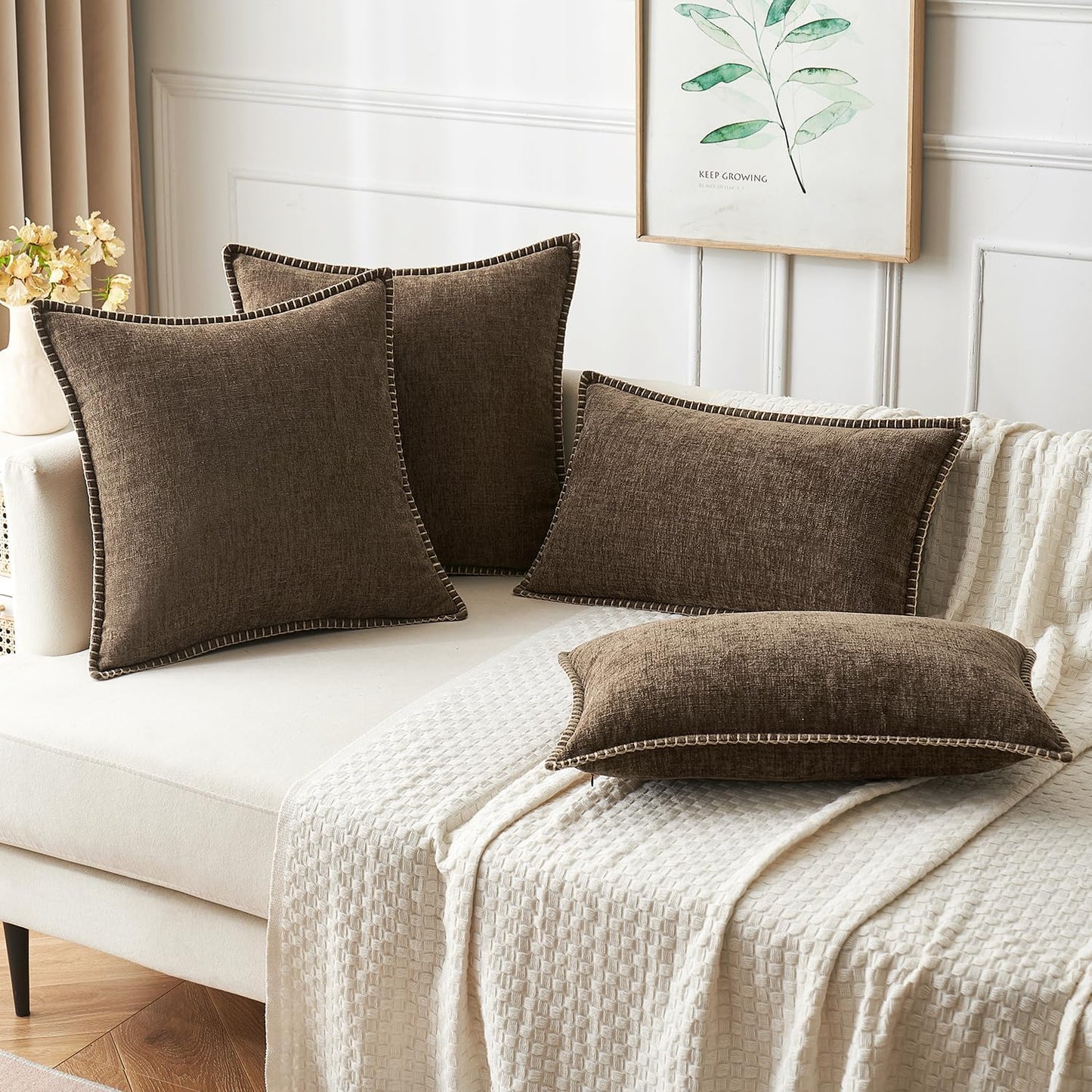 Pack of 2 Couch Throw Pillow Covers 18X18 Inch Brown Farmhouse Decorative Pillow Covers with Stitched Edge Soft Chenille Solid Dyed Spring Pillow Covers for Sofa Bed Living Room