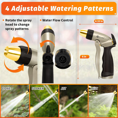 Garden Hose Nozzle - 100% Metal High Pressure Spray Nozzle, Adjustable Spray Patterns, Labor-Saving, Heavy Duty for Garden Watering, Car Washing, Window Cleaning, Pets Showering