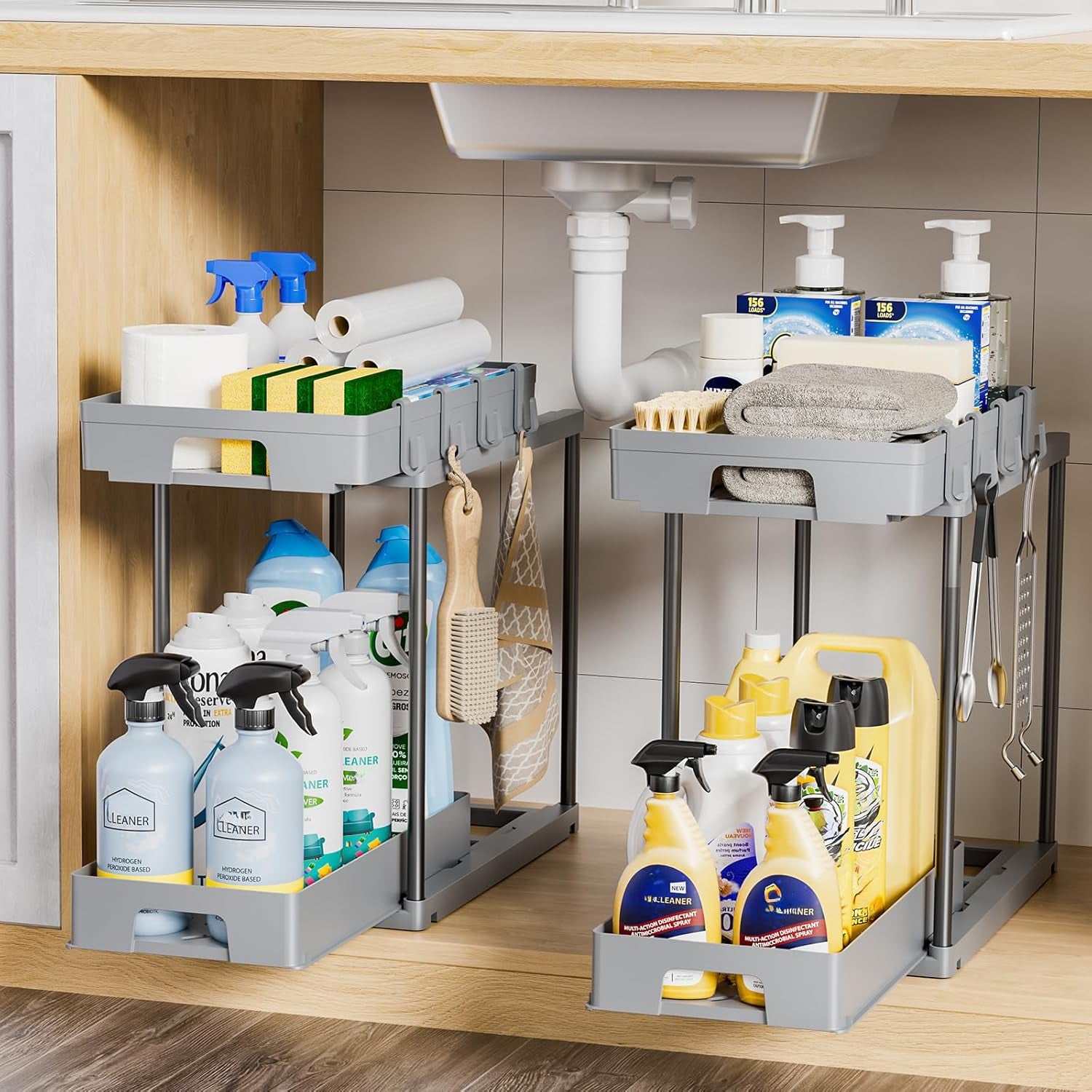 under Sink Organizers and Storage, 2 Pack Pull Out Kitchen Bathroom Cabinet Organizer, 2 Tier Grey under Sink Storage for Bathroom Kitchen