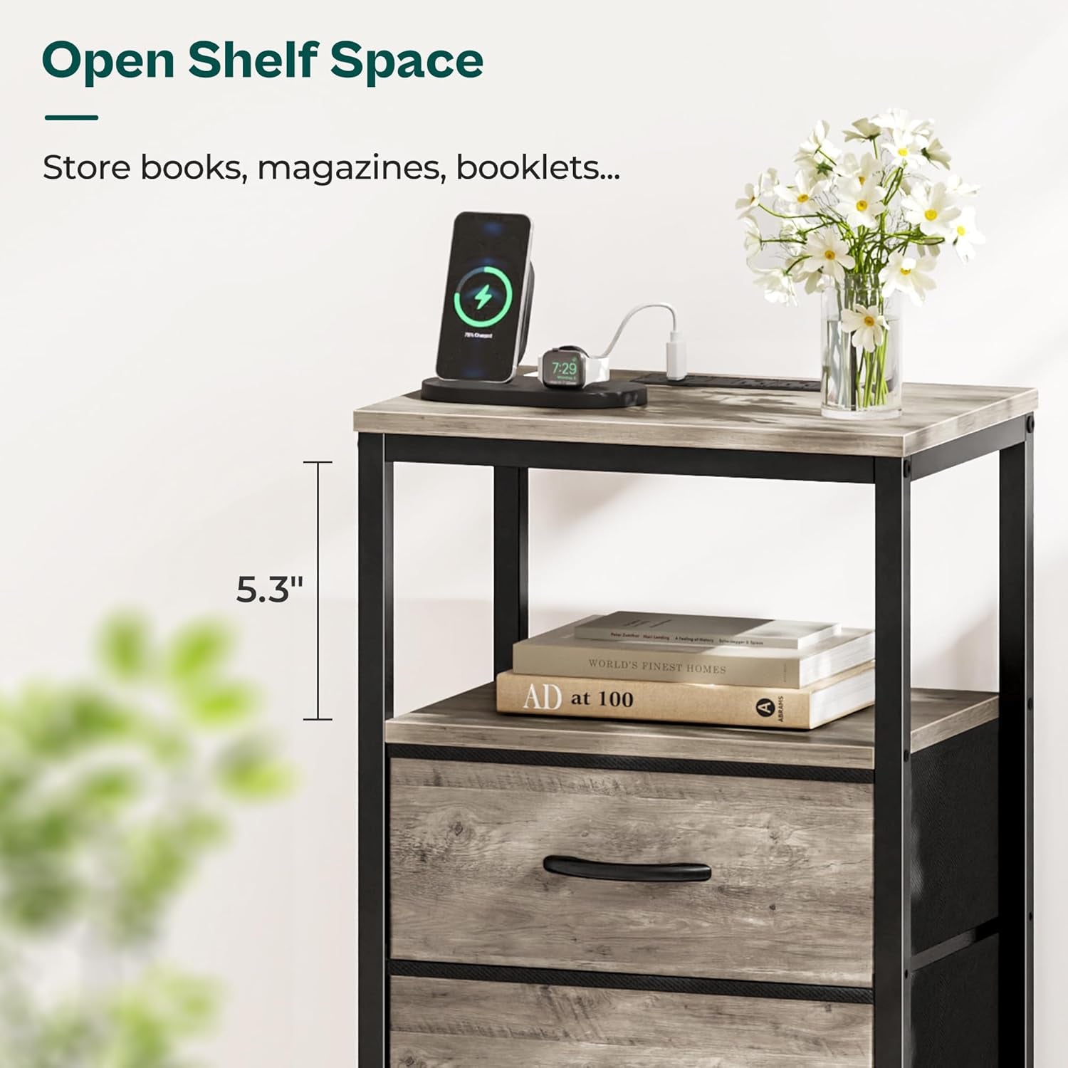 27.6-Inch Nightstand with Charging Station, End Table Featuring USB Ports and Outlets, Bedroom Night Stand with Fabric Drawers in Oak Finish