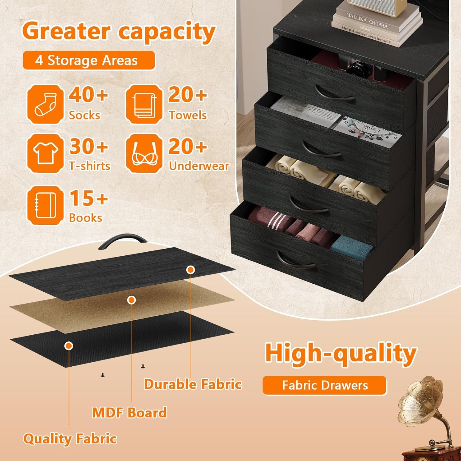 Elegant Tall Nightstand with Integrated Charging Station, LED Lighting, and Ample Storage Shelves, Versatile Bedside Table for Bedroom, Hallway, or Office, Featuring 4 Fabric Drawers in Black Oak Finish