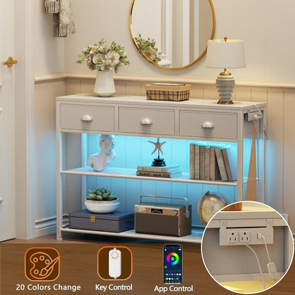 38In Console Table with 3 Drawers, Small Sofa Table with Lights and Power Outlets, Hallway Tables with 3-Tier Shelves, White Narrow Console Table for Entryway, Living Room, Couch, Foyer