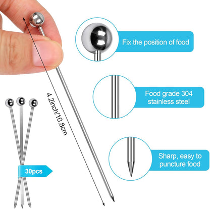 30 Pcs Cocktail Picks, Appetizer Skewers Stainless Steel, Cocktail Skewers Cleanable and Reusable, Toothpicks for Food and Drinks, Bar Party, Barbeque Snacks, Sandwiches, and Fruit (4.2Inch)
