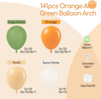 141Pcs Little Cutie Orange and White Balloon Arch Garland Kit with Sage Green Orange Nude Sand White Balloons for Birthday Party Little Cutie Baby Shower Decorations