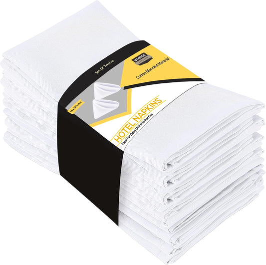 White Cloth Napkins [12 Pack, 18X18 Inch] Absorbent Cotton Blend Washable and Reusable for Dinner, Restaurant, Lunch, Wedding and Hotel