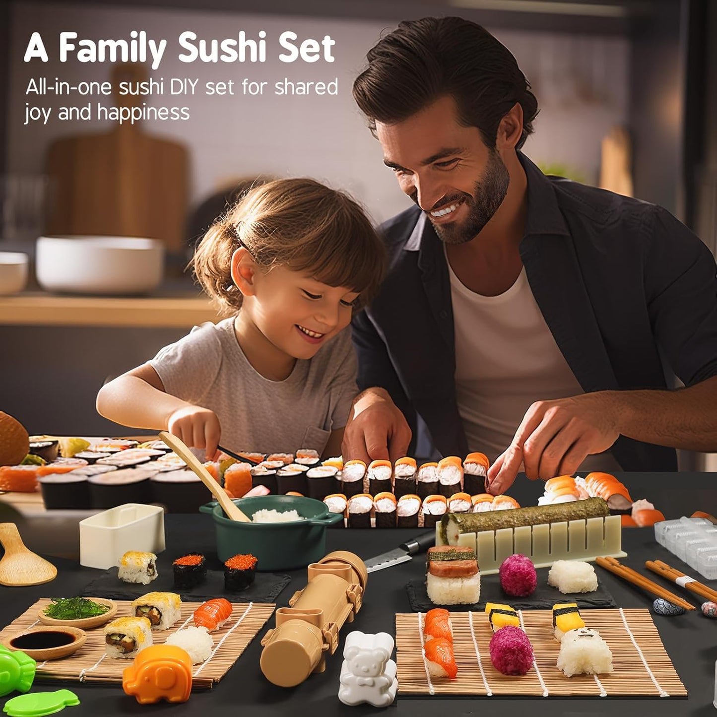Sushi Making Kit 27 in 1 [Parent-Child] Sushi Kit, for Beginners/Pros Sushi Makers, with Bamboo Sushi Mats, Sushi Bazooka, Onigiri Mold, Rice Paddle, Sushi Knife, Guide Book & More