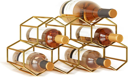 Small Gold Wine Rack 9 Bottle Holder Countertop - No Need Assembly Modern Metal Wire Wine Storage for Counter Top Table Top Coffee Bar Kitchen