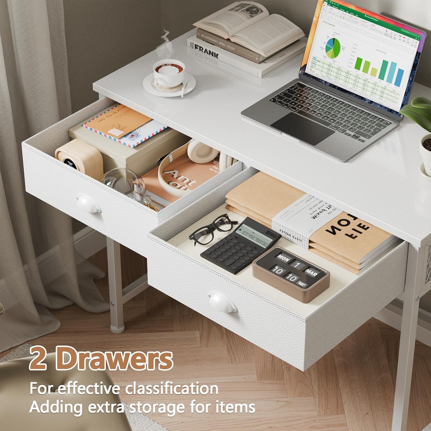 White Small Computer Desk with 2 Fabric Drawers for Bedroom,34 Inch Simple Home Office Writing Desk, Vanity Desk with Hooks, Study Table for Adults Student Small Spaces