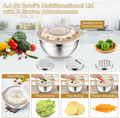 Mixing Bowls with Lids Set of 3, Stainless Steel Mixing Bowl and Colander for Kitchen, 3 Grater Attachments & Non-Slip Bottoms, Visible & Airtight Lid, Khaki