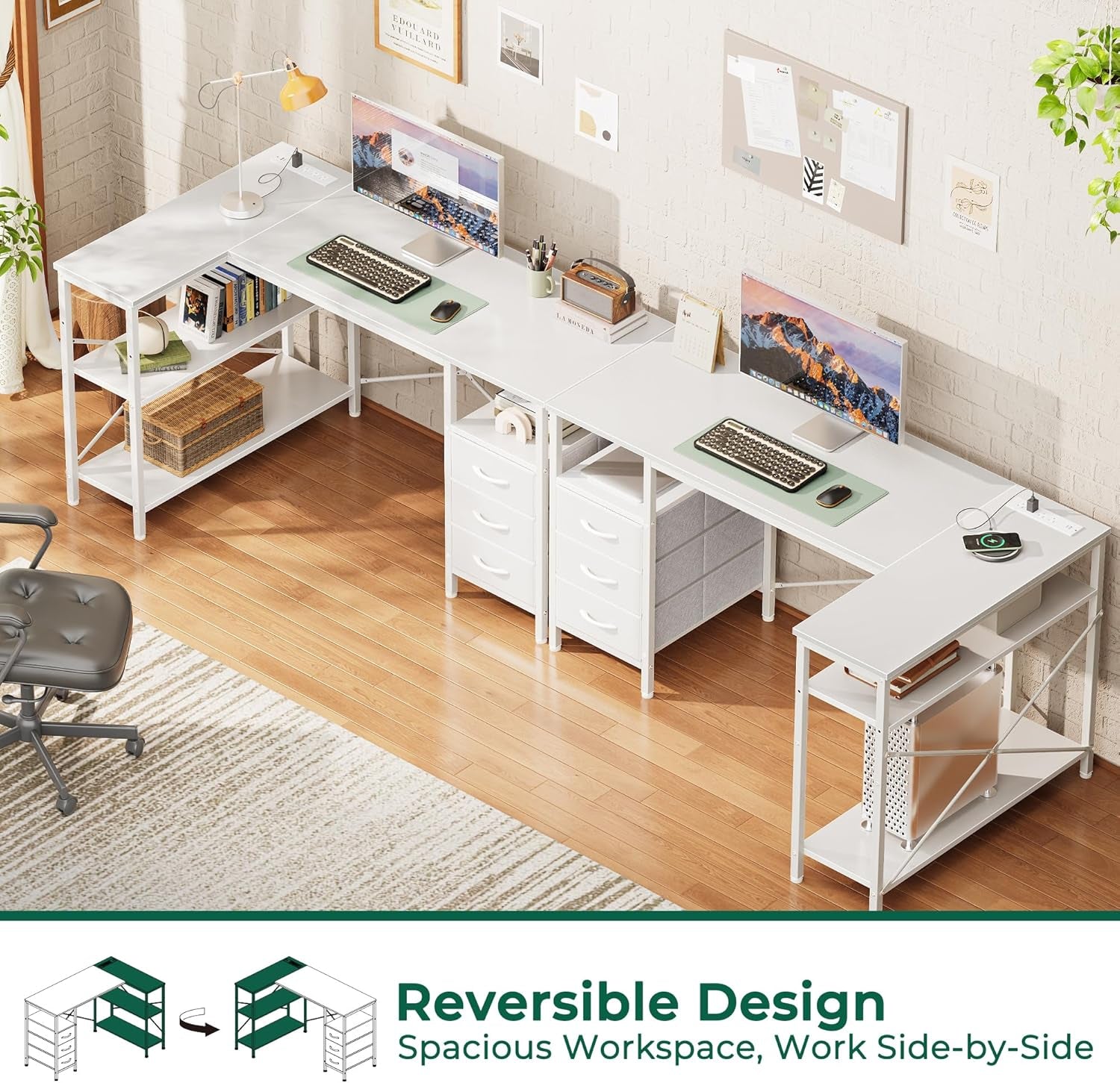 L-Shaped Office Desk with Power Outlets, 47-Inch Computer Desk Featuring 3 Drawers and Shelves for Gaming, Corner Work, Home Office, and Study - White Finish