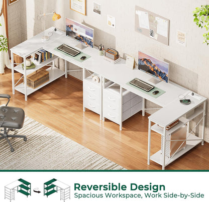 L-Shaped Office Desk with Power Outlets, 47-Inch Computer Desk Featuring 3 Drawers and Shelves for Gaming, Corner Work, Home Office, and Study - White Finish