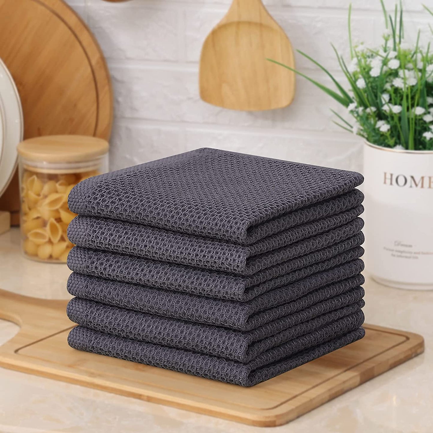 100% Cotton Kitchen Dish Cloths, 6 Pack Waffle Weave Ultra Soft Absorbent Dish Towels for Drying Dishes Quick Drying Kitchen Towels Dish Rags, 12 X 12 Inches, Dark Grey