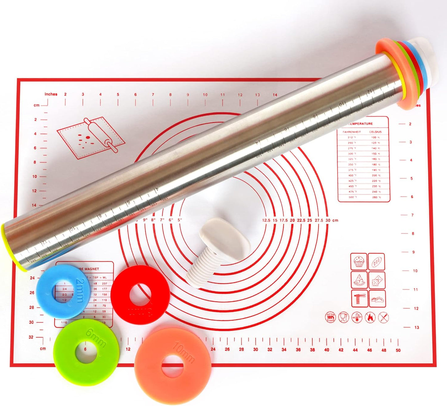 Adjustable Rolling Pin with Thickness Rings for Baking, Stainless Steel Desgins Dough Roller Pins with Silicone Pastry Nonstick Mat for Cookie Decorating Baking Supplies Fondant Cake Baker