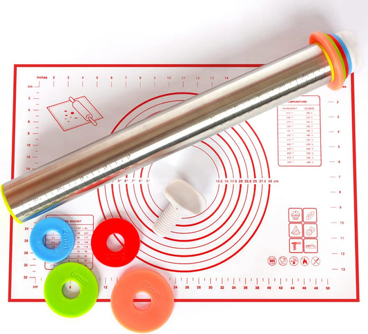 Adjustable Rolling Pin with Thickness Rings for Baking, Stainless Steel Desgins Dough Roller Pins with Silicone Pastry Nonstick Mat for Cookie Decorating Baking Supplies Fondant Cake Baker