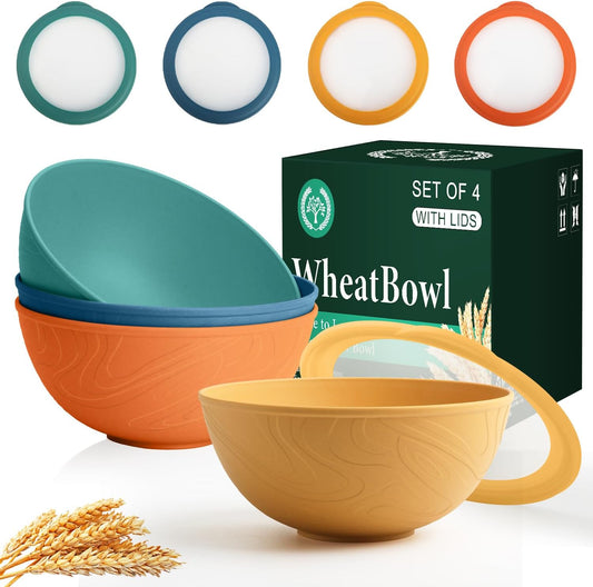 Eco-Friendly Wheat Straw Cereal Bowls with Lids, 40 OZ - Set of 4, Microwave and Dishwasher Safe, Perfect for Lunch, Kitchen, RV, and Camping