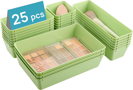 25 PCS Plastic Drawer Organizers Set, 4-Size Versatile Bathroom and Vanity Drawer Organizer Trays, Storage Bins for Makeup, Bedroom, Kitchen Gadgets Utensils and Office