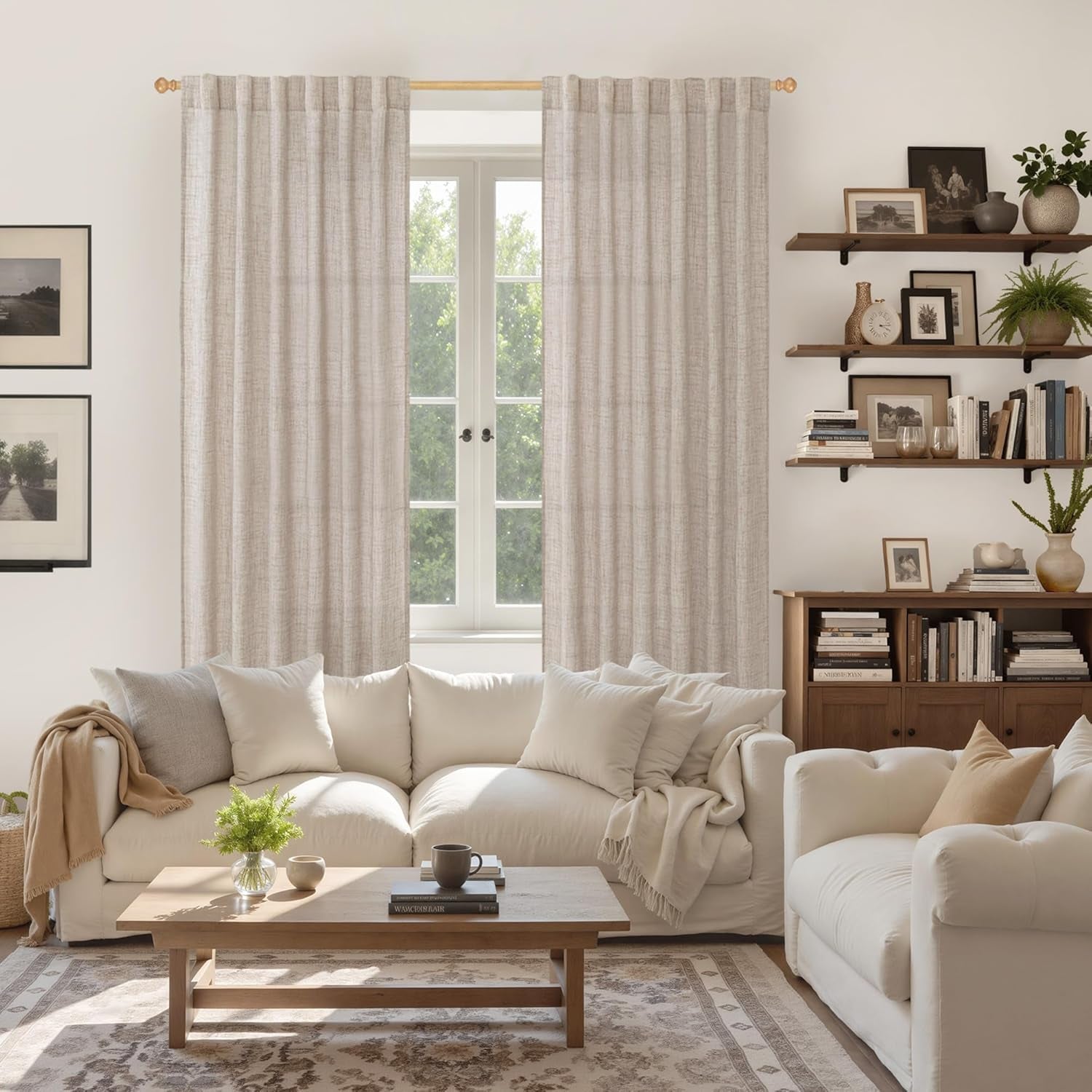 Linen Semi Sheer Curtains 72 Inch Length 2 Panels for Living Room - Light Filtering Drapes with Rod Pocket Back Tab Rustic Beige Window Treatments for Dining Bedroom, 52 X 72 Inch