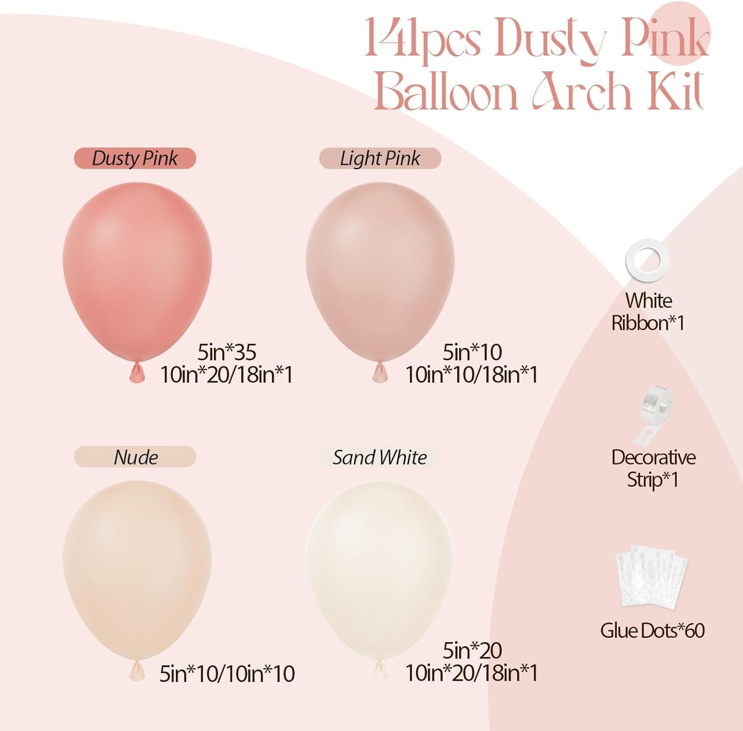 141Pcs Dusty Pink Balloon Arch Kit, Dusty Rose Balloons with Nude White Sand Light Pink Balloons, Boho Balloon Arch Kit for Bridal Wedding Baby Shower Birthday Party Decorations