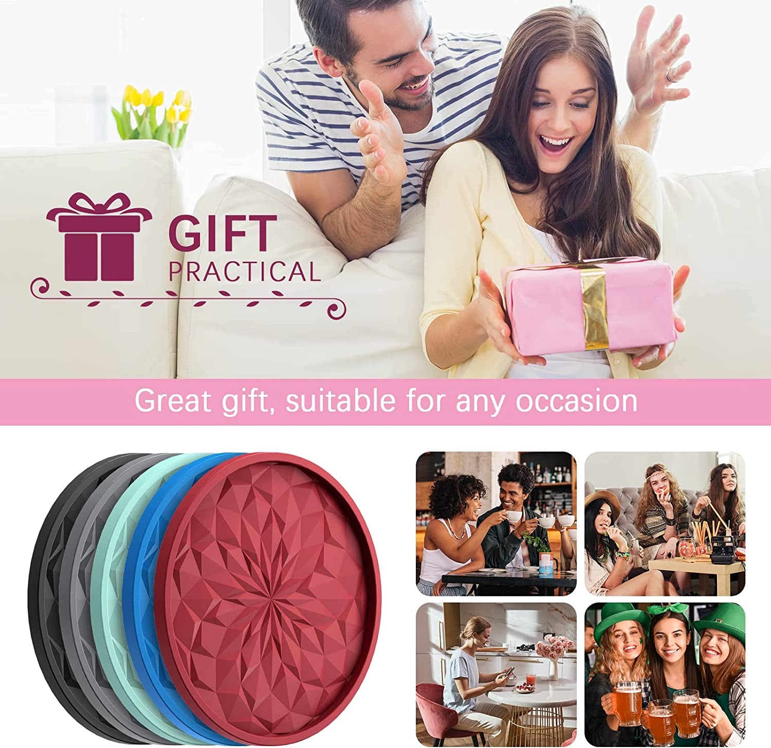 Silicone Coasters with Holder,[6 Pack] Drinking Coasters - Cup Mat for Hot or Cold Drinks, Thickened, Non-Slip, Non-Stick,Deep Tray Black