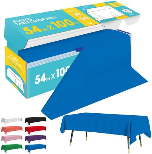 Blue Plastic Table Cover Roll - 54IN X 100FT, Table Cloth for Rectangle Table with Slide Cutter, Plastic Table Cloth Disposable with Cut-To-Size Design for Weddings, Banquets, Parties