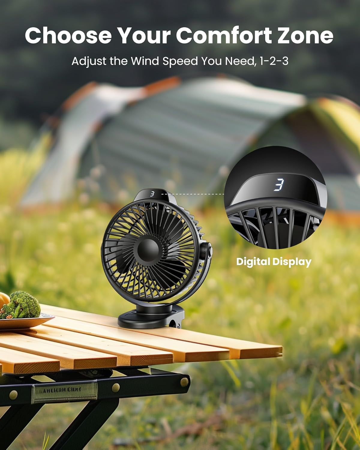 Portable Clip on Fan, Small USB Fan Battery Operated, 3 Speed Rechargeable Mini Fan with LED Display, 360° Rotate Personal Cooling Desk Fan for Stroller Travel Camping Golf Gym