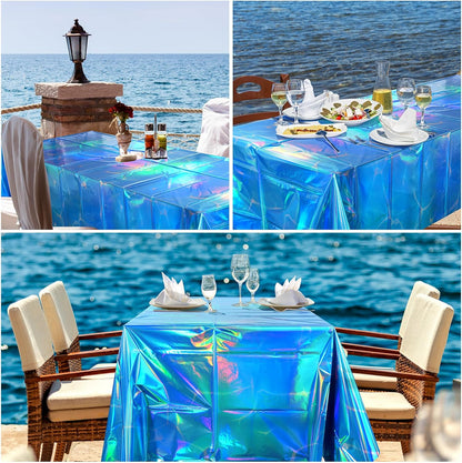 3 Pack Ocean Tablecloths Iridescent Plastic Disposable Table Cloth Rectangle Water Wave Table Covers for under Sea Ocean Pool Beach Party Decorations, 54 X 108Inch