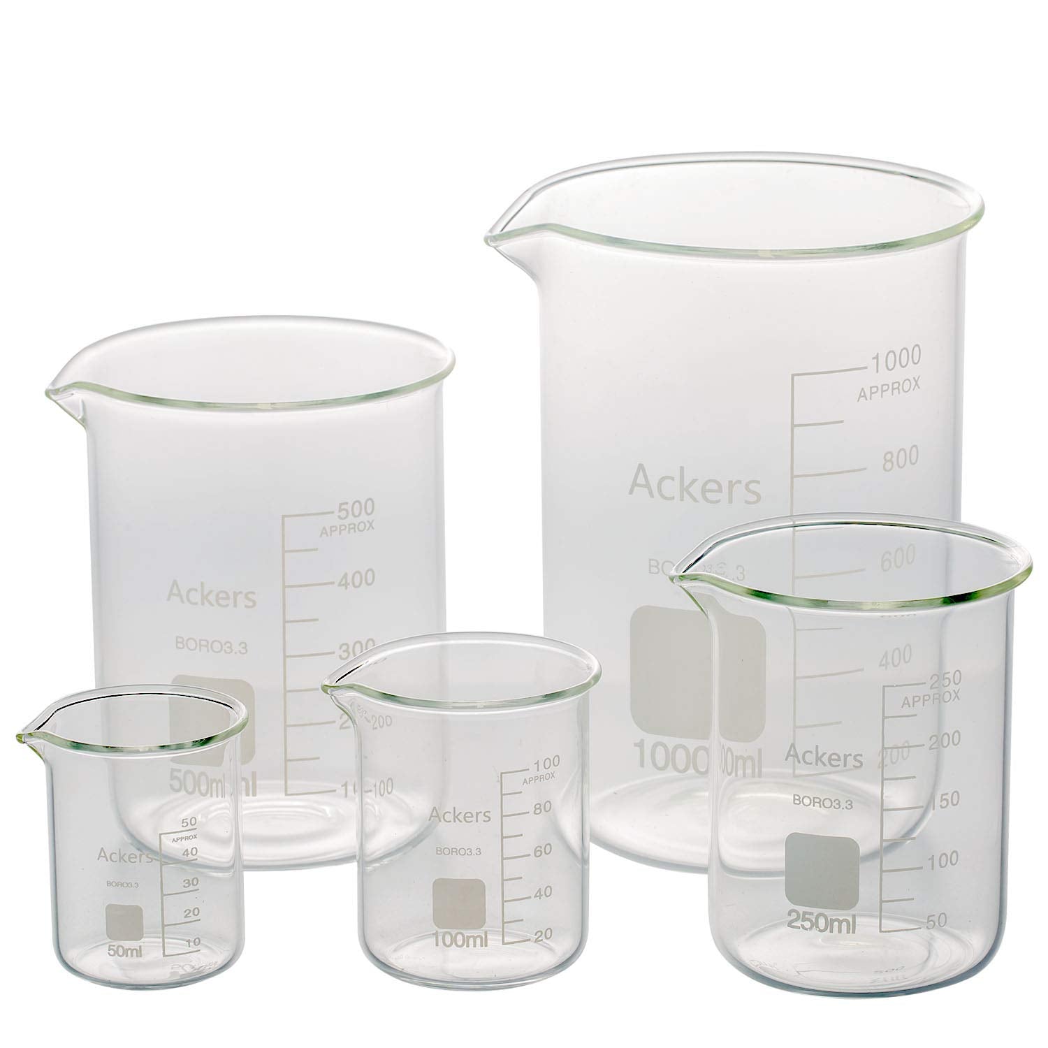 Ackers Boro3.3，Griffin Low Form Scientific Glass Beaker Set-50Ml,100Ml,250Ml,500Ml,1000 Ml (Pack of 5)