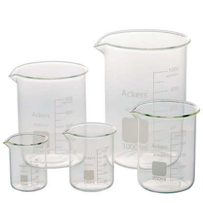 Ackers Boro3.3，Griffin Low Form Scientific Glass Beaker Set-50Ml,100Ml,250Ml,500Ml,1000 Ml (Pack of 5)
