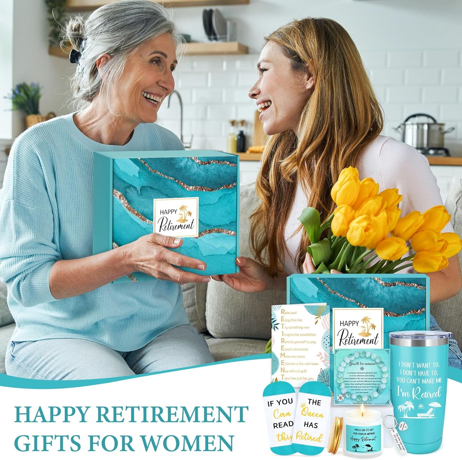 Elegant Retirement Gift Basket for Women 2025 - Thoughtful Retirement Gifts for Coworkers, Teachers, Nurses, Friends, Bosses, Moms, Grandmas, and Retirees, Featuring a 20oz Tumbler, Greeting Card, and "The Queen Has Retired" Socks