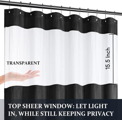 Waffle Weave Shower Curtain Set with Snap-In Fabric Liner, Heavyweight Fabric with 12 Hooks, Waterproof and Washable, Mesh Top Window, 78 "X 72", Black