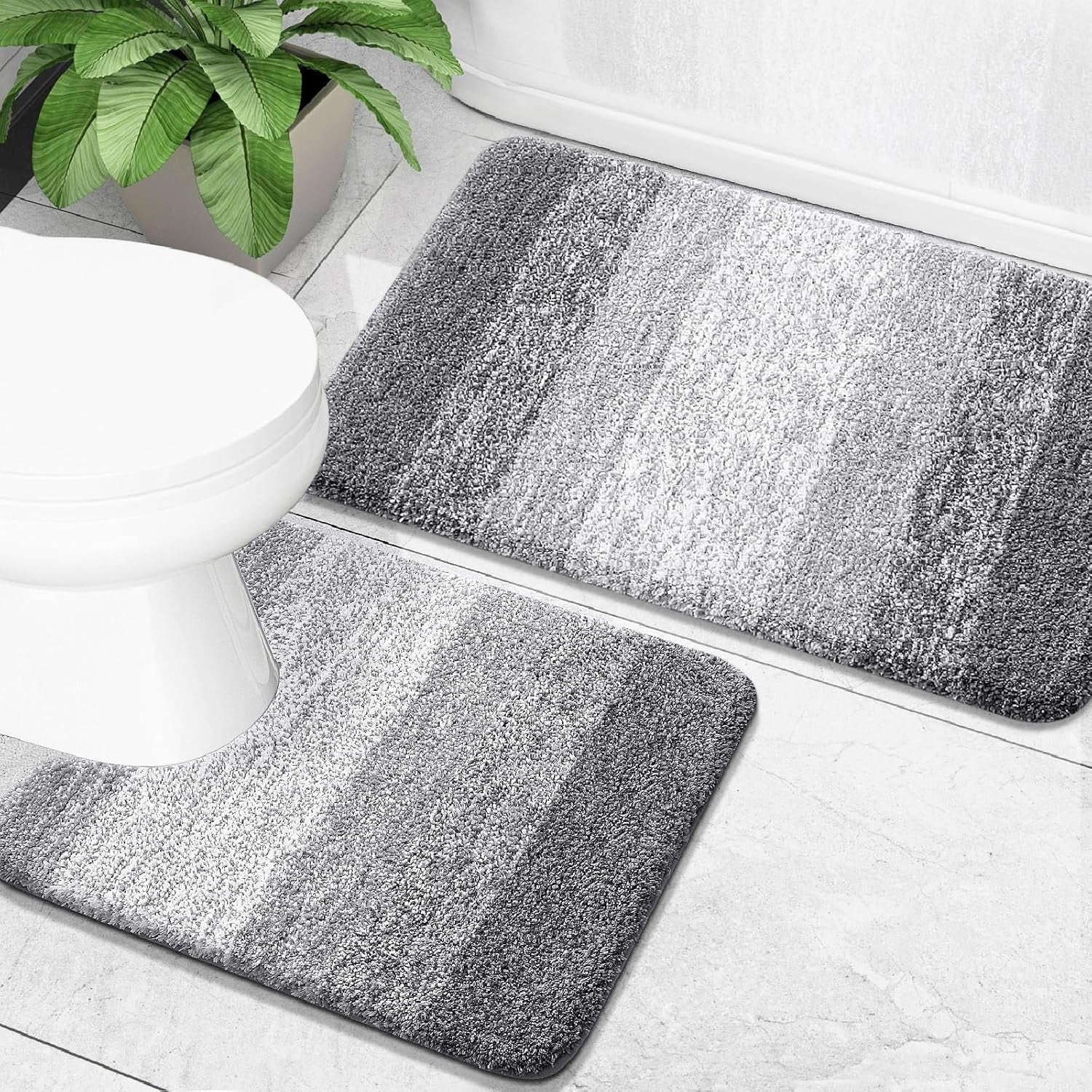 Bathroom Rug Set 2 Piece, Soft Absorbent Microfiber Bath Mats and U-Shaped Contour Toilet Rug, Non-Slip, Machine Wash Dry, Plush Shaggy Bath Mats for Bathroom (24"X16"+24"X20", Grey)