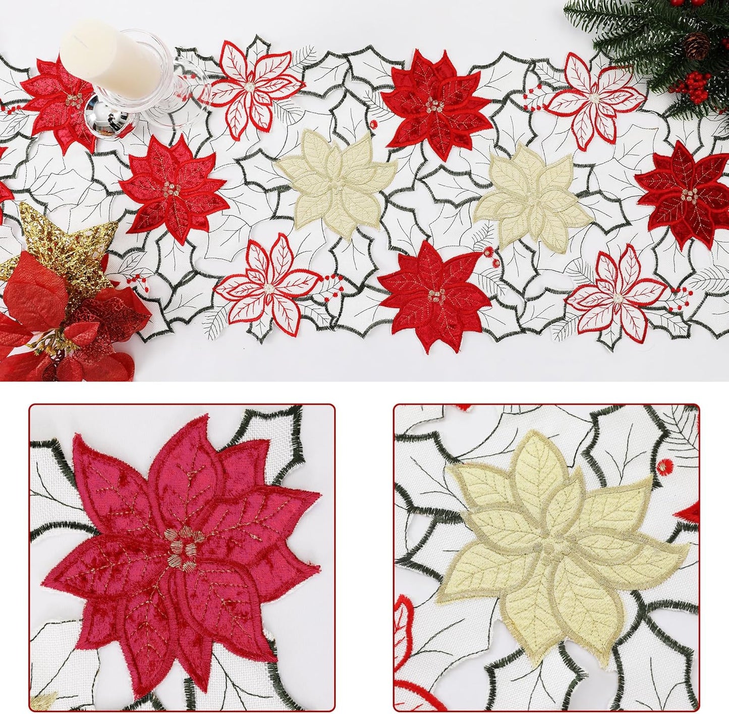 Christmas Linen Textured Table Runner 14X72 Inches Long, Embroidered Red Poinsettia Flower Table Runner for Christmas, Xmas Dresser Scarves Holiday Parties Kitchen Farmhouse Dinner Decor