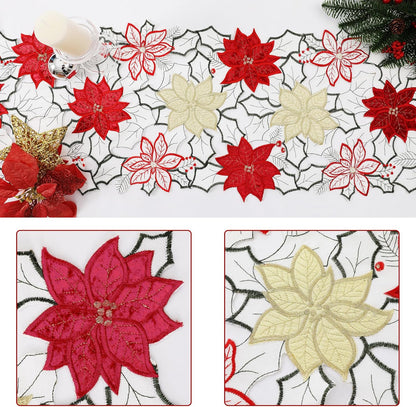 Christmas Linen Textured Table Runner 14X72 Inches Long, Embroidered Red Poinsettia Flower Table Runner for Christmas, Xmas Dresser Scarves Holiday Parties Kitchen Farmhouse Dinner Decor
