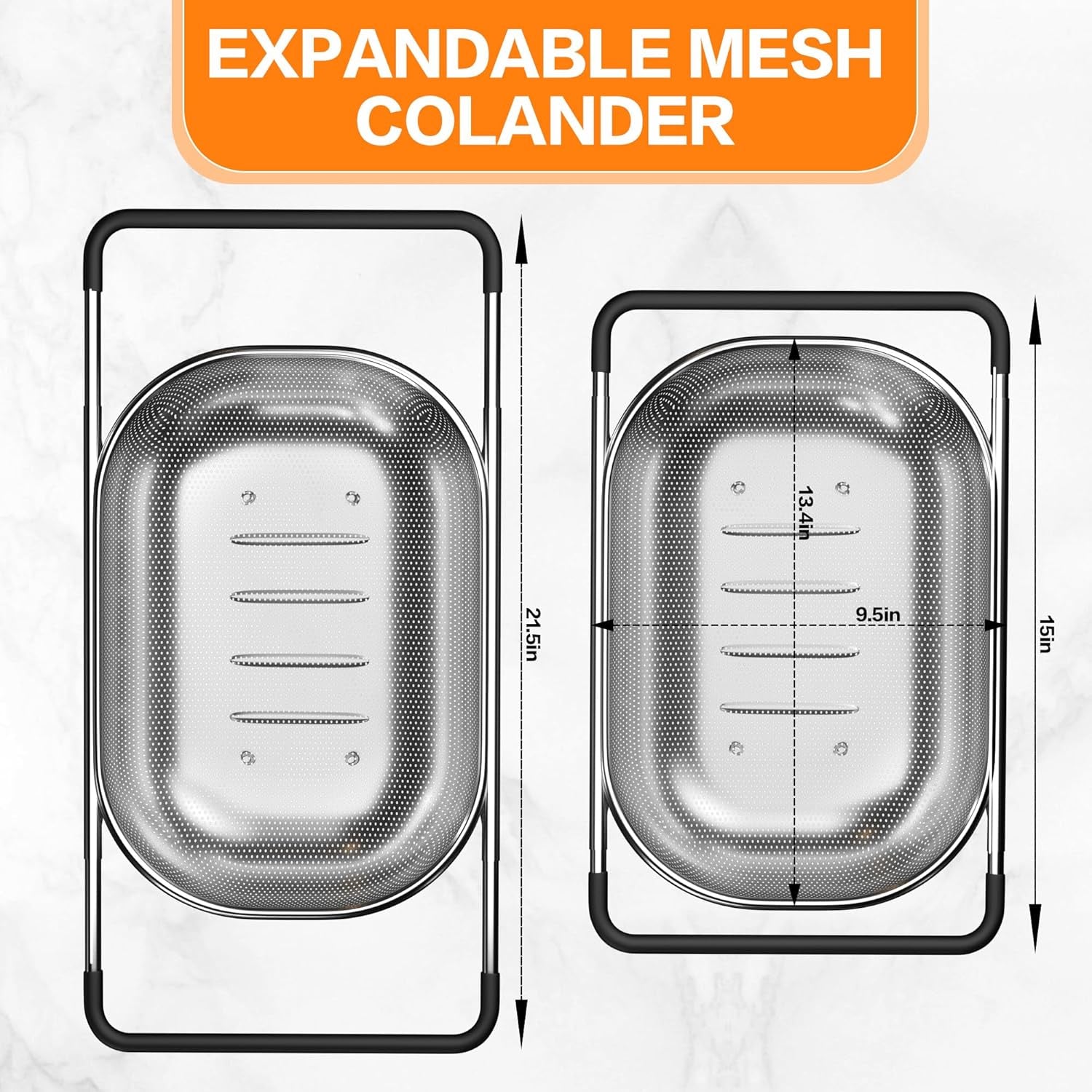 Expandable Over-the-Sink Colander with Rubber Grip - Fine Mesh Strainer for Vegetables, Fruits, and Pasta - Essential Kitchen Tool (9.5W x 13.4-21.3L x 3.3H)